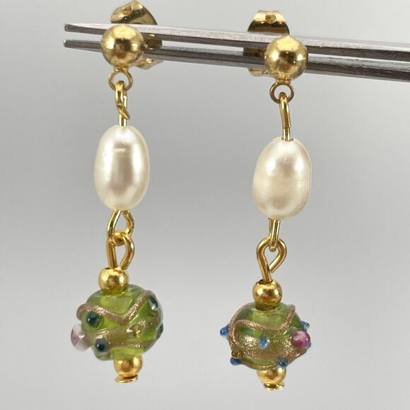 Artisan Handcrafted Vintage Wedding Cake Murano Venetian Glass Pearl Earrings - Picture 1 of 5